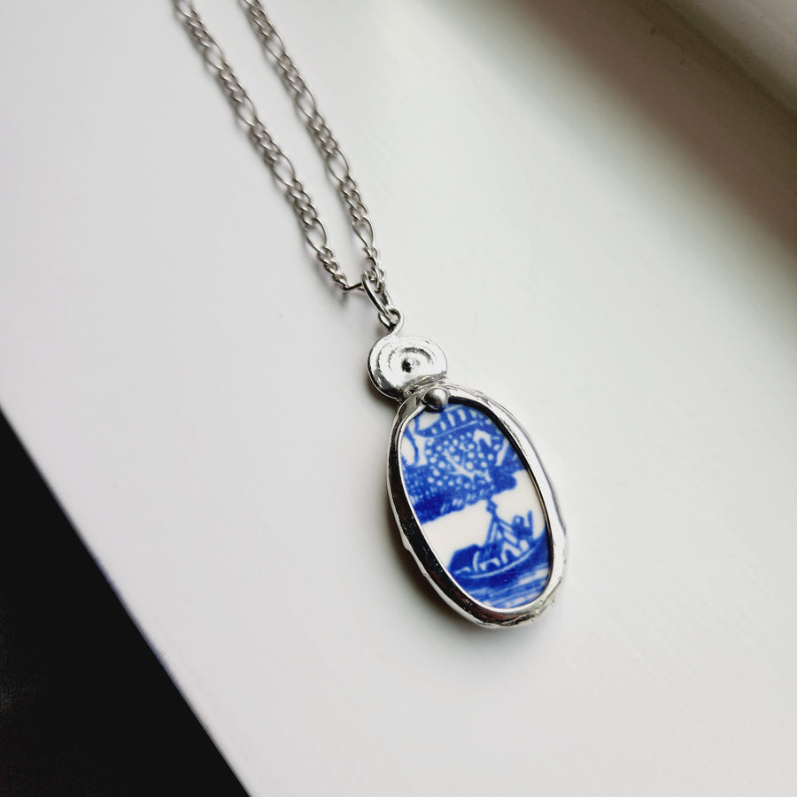 Blue & White Porcelain Ceramic Pendant Necklace