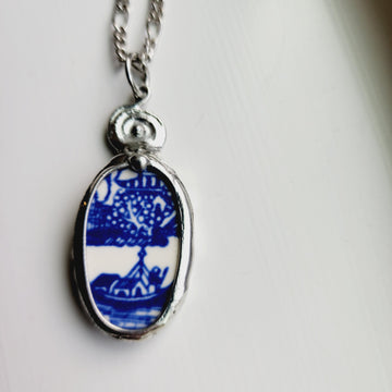 Blue & White Porcelain Ceramic Pendant Necklace