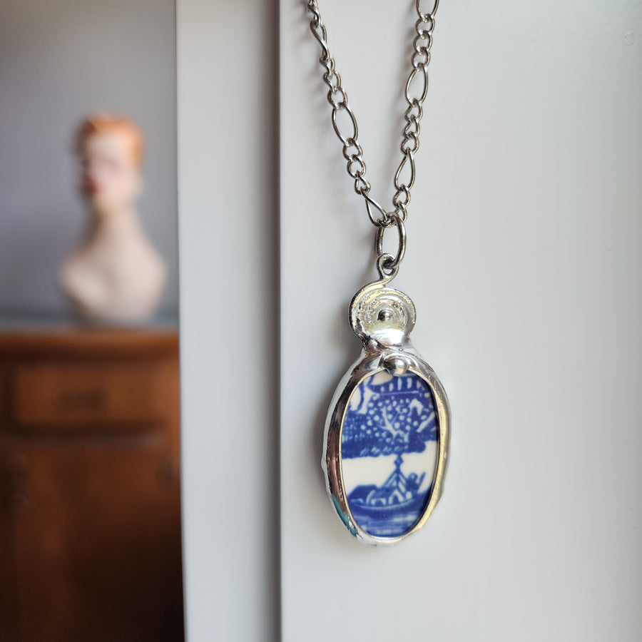 Blue & White Porcelain Ceramic Pendant Necklace