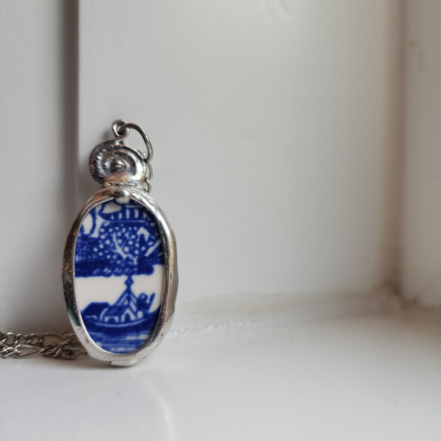 Blue & White Porcelain Ceramic Pendant Necklace