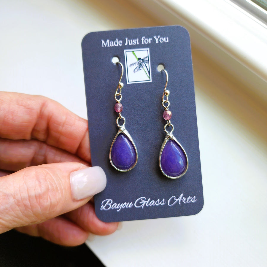 Pretty Glass Earrings, Jellybean Purple Dangle Earrings, Sterling Silver Ear Wires