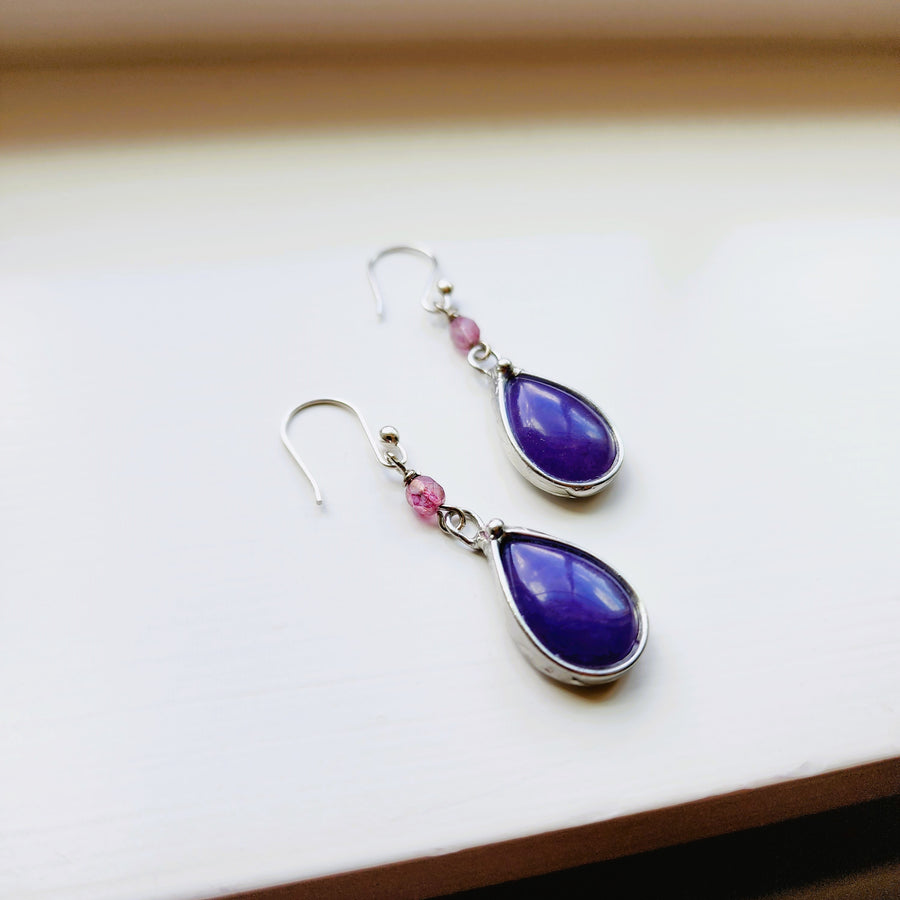 Pretty Glass Earrings, Jellybean Purple Dangle Earrings, Sterling Silver Ear Wires