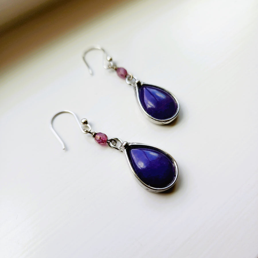 Pretty Glass Earrings, Jellybean Purple Dangle Earrings, Sterling Silver Ear Wires