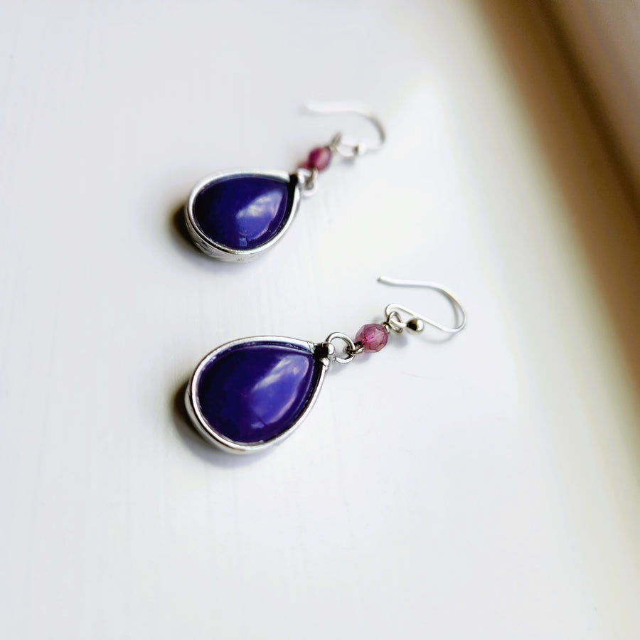 Pretty Glass Earrings, Jellybean Purple Dangle Earrings, Sterling Silver Ear Wires