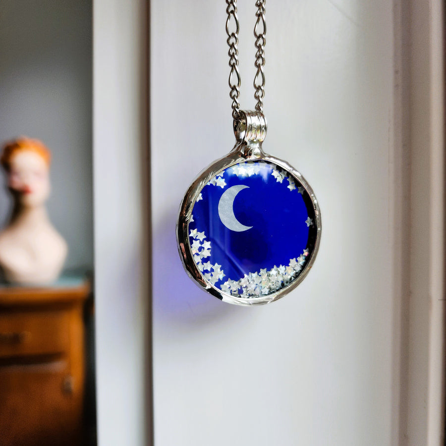 Fidget Pendant Necklace, Moon and Stars, Stained Glass Jewelry