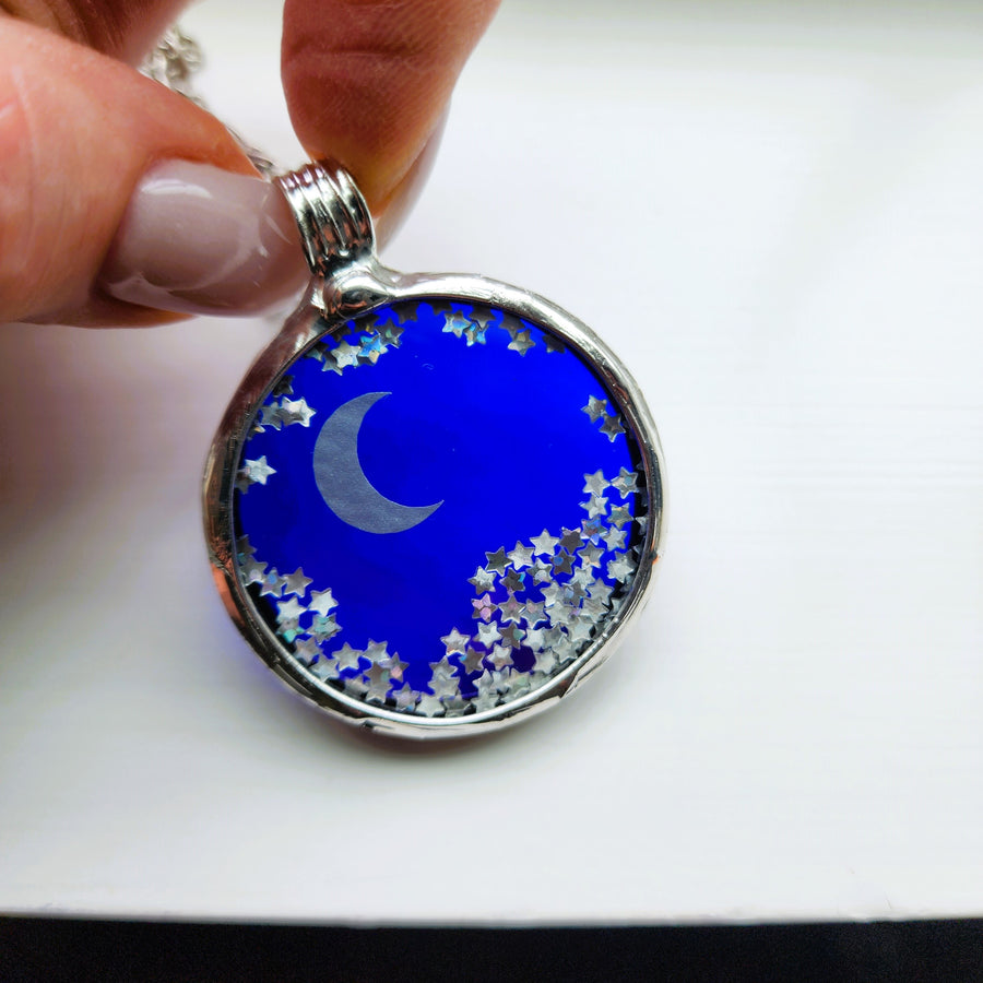 Fidget Pendant Necklace, Moon and Stars, Stained Glass Jewelry