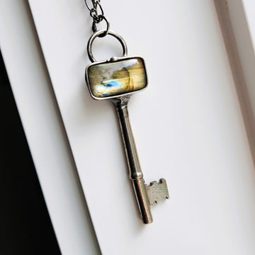 Antique, Repurposed Skeleton Key with Golden Labradorite Pendant - SOLD