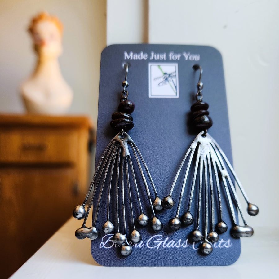 Extra Long Metal Earrings with Polished Garnets