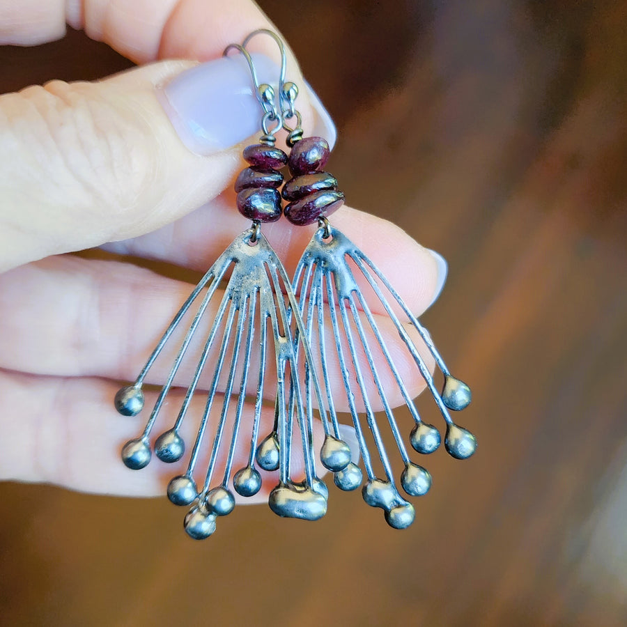 Extra Long Metal Earrings with Polished Garnets