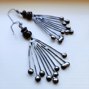 Extra Long Metal Earrings with Polished Garnets