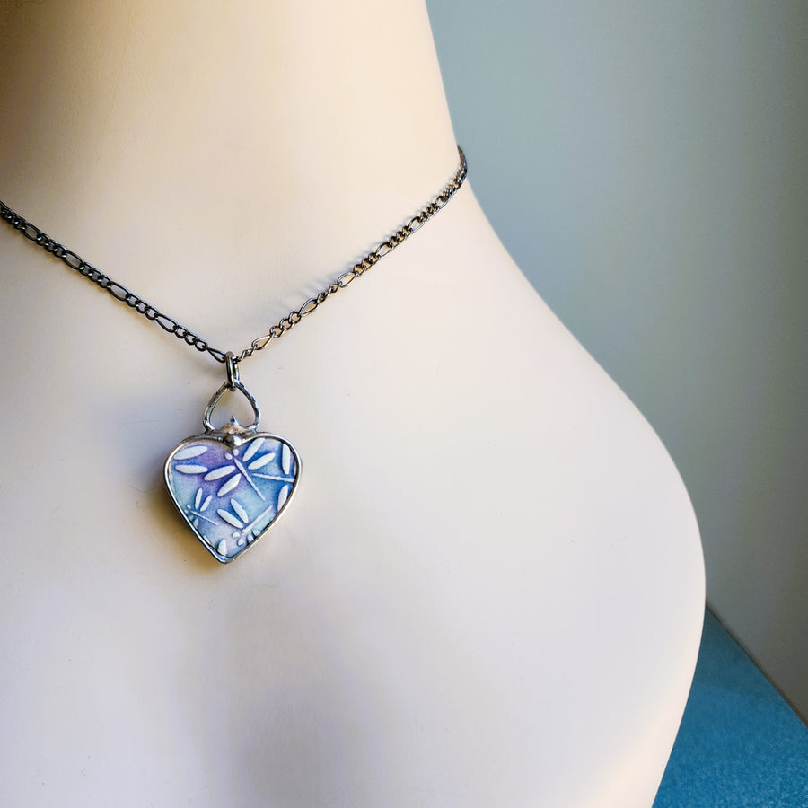 Ceramic Dragonfly Heart Pendant Necklace