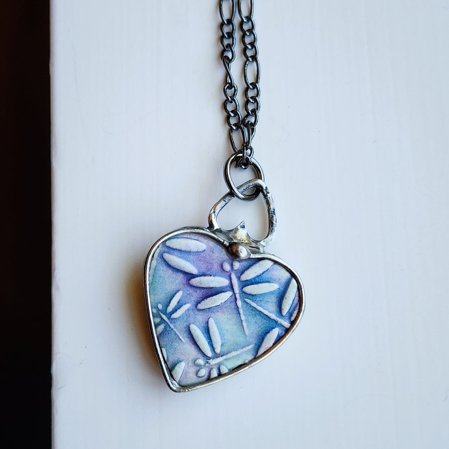 Ceramic Dragonfly Heart Pendant Necklace