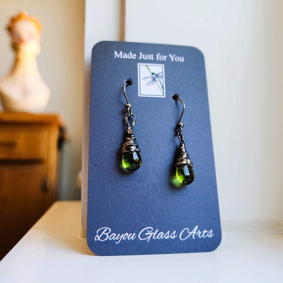 Green Drop Earrings, Hand Wired & Soldered