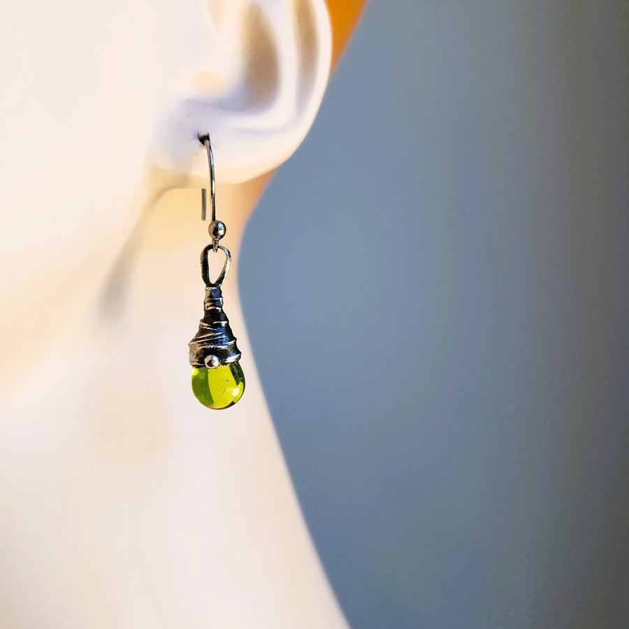 Green Drop Earrings, Hand Wired & Soldered