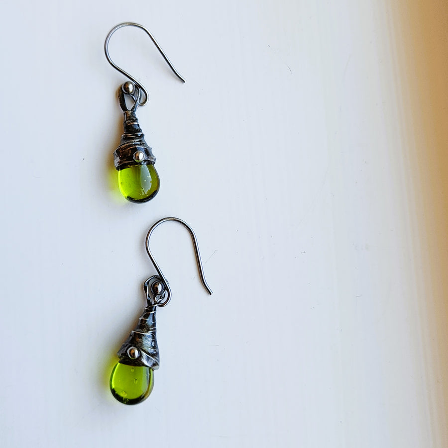 Green Drop Earrings, Hand Wired & Soldered