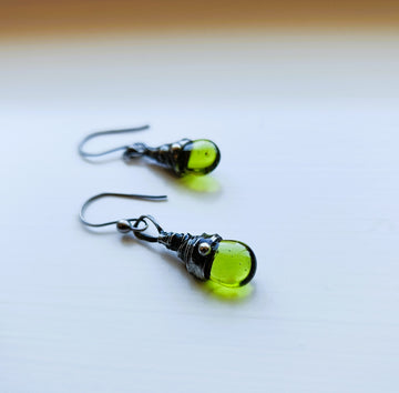 Green Drop Earrings, Hand Wired & Soldered