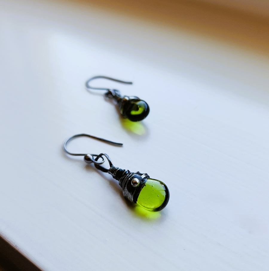 Green Drop Earrings, Hand Wired & Soldered