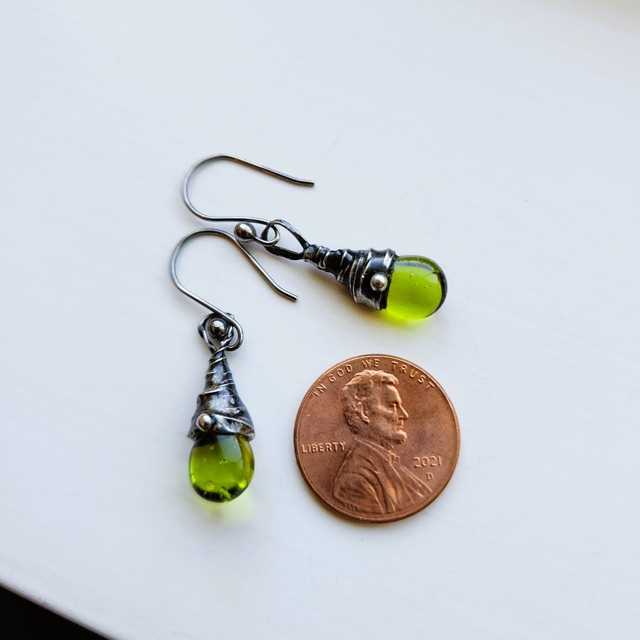 Green Drop Earrings, Hand Wired & Soldered