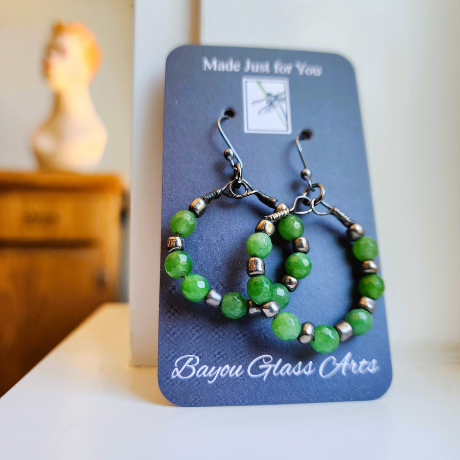 Faceted Green Aventurine Beaded Hoop Earrings