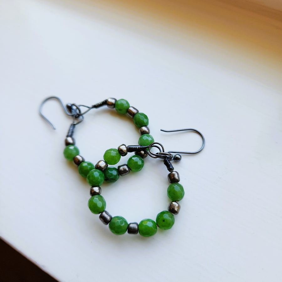 Faceted Green Aventurine Beaded Hoop Earrings