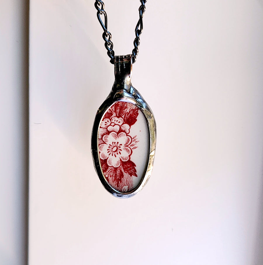 Red and White Broken China Pendant