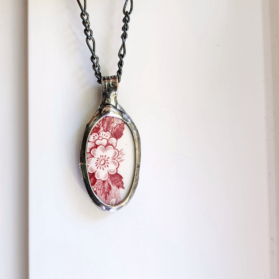 Red and White Broken China Pendant