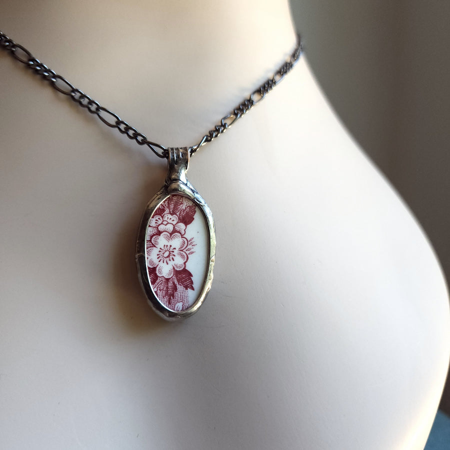 Red and White Broken China Pendant