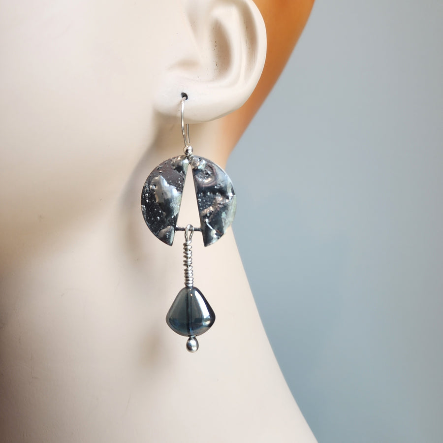 Funky Silver and Black Earrings, Hand Soldered and Formed