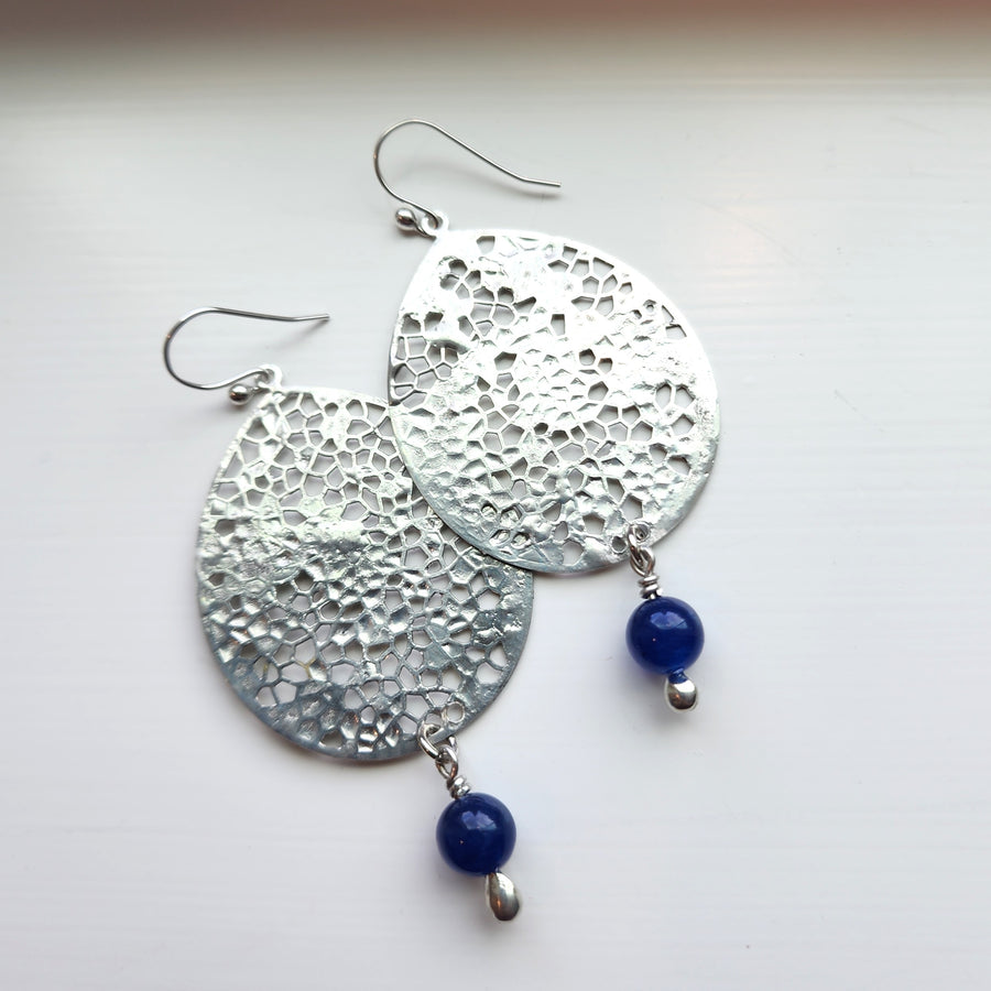 Large Silver Earrings with Blue Jade Bead