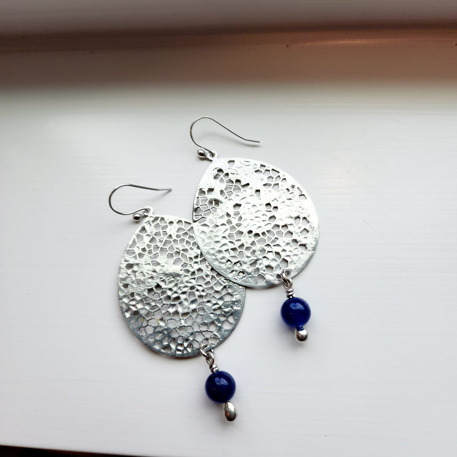 Large Silver Earrings with Blue Jade Bead