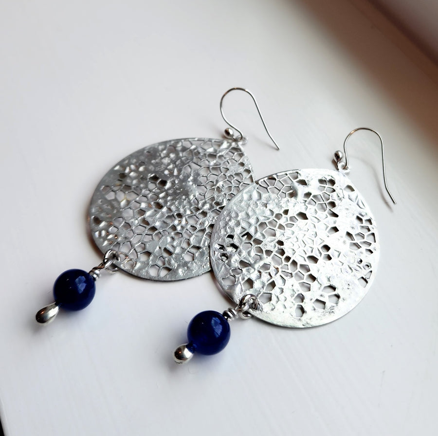 Large Silver Earrings with Blue Jade Bead