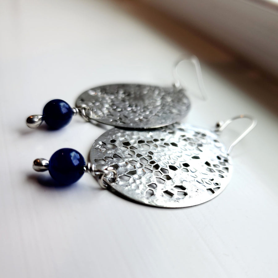 Large Silver Earrings with Blue Jade Bead