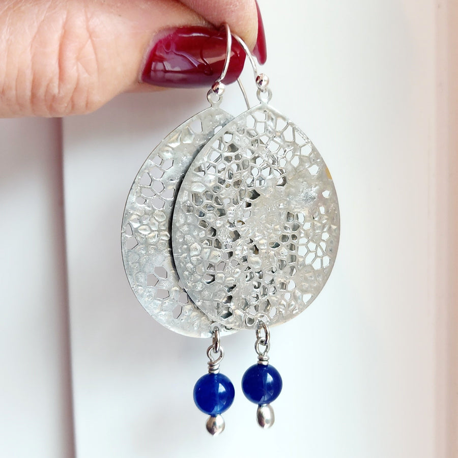 Large Silver Earrings with Blue Jade Bead