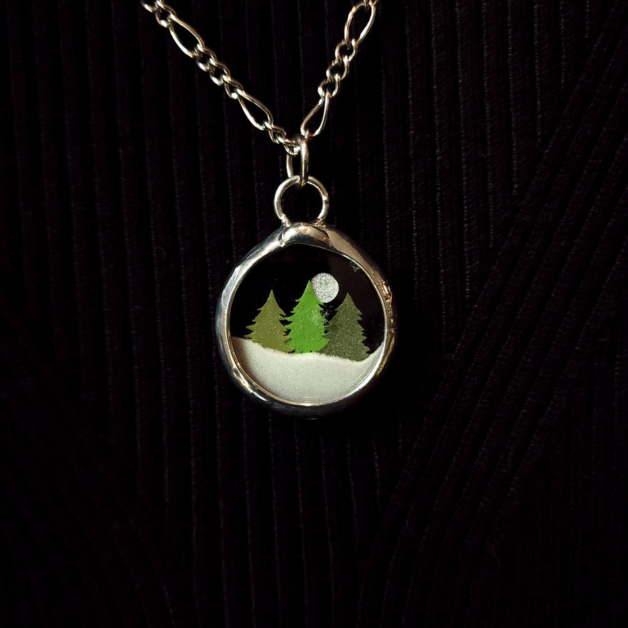 Trees Snow Globe Pendant, Fidget Jewelry