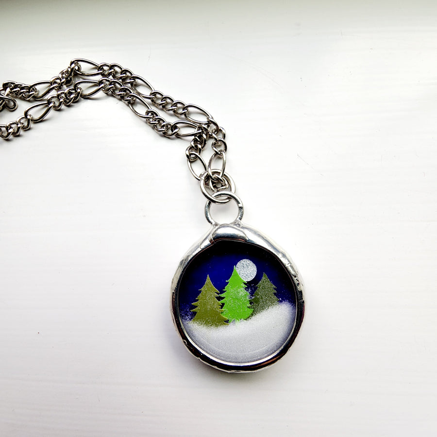 Trees Snow Globe Pendant, Fidget Jewelry