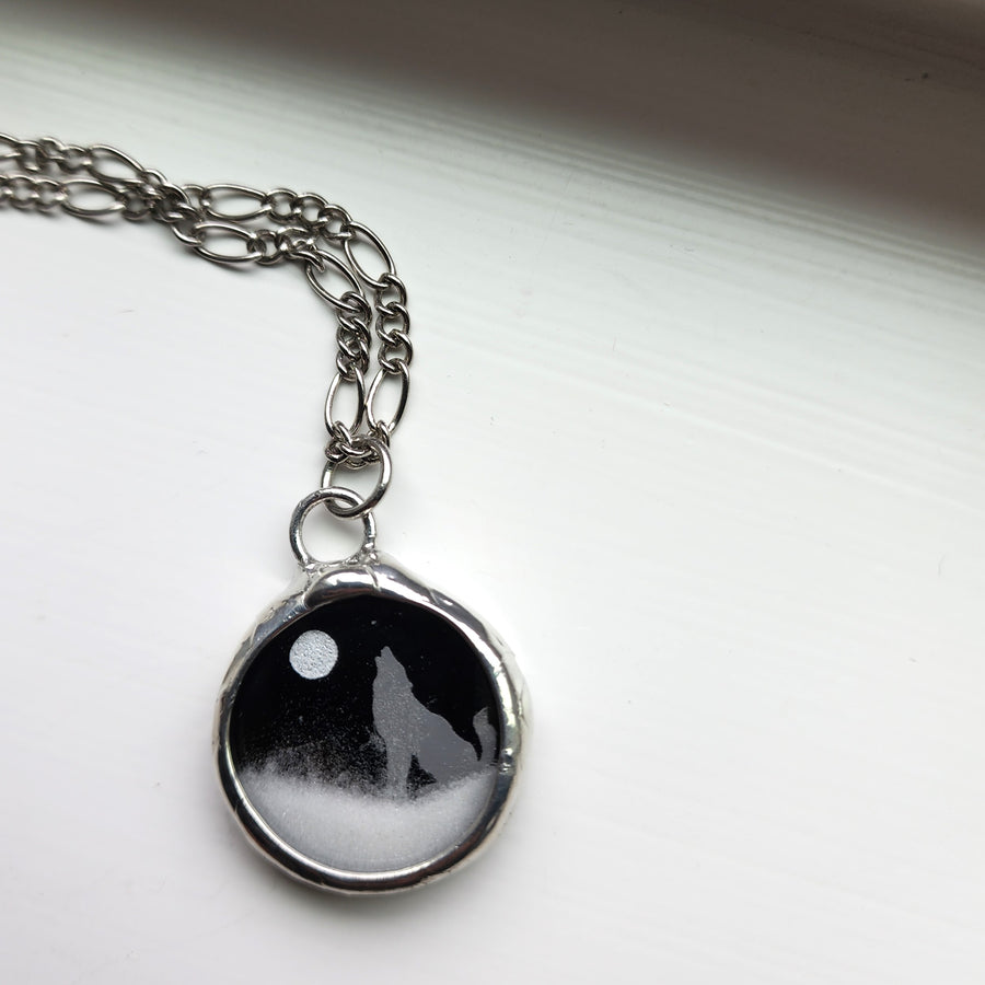 Howling Wolf Full Moon Snow Globe Pendant