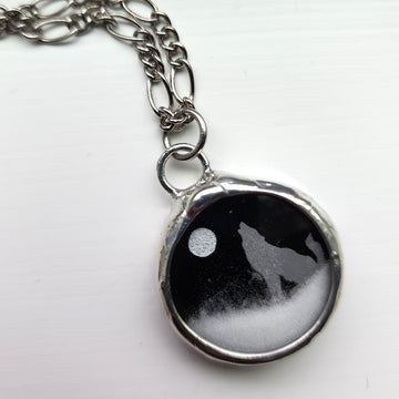 Howling Wolf Full Moon Snow Globe Pendant