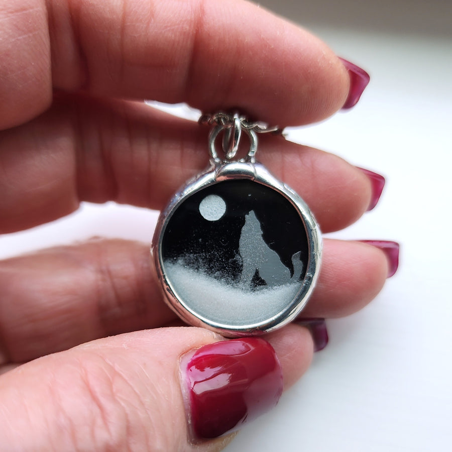 Howling Wolf Full Moon Snow Globe Pendant