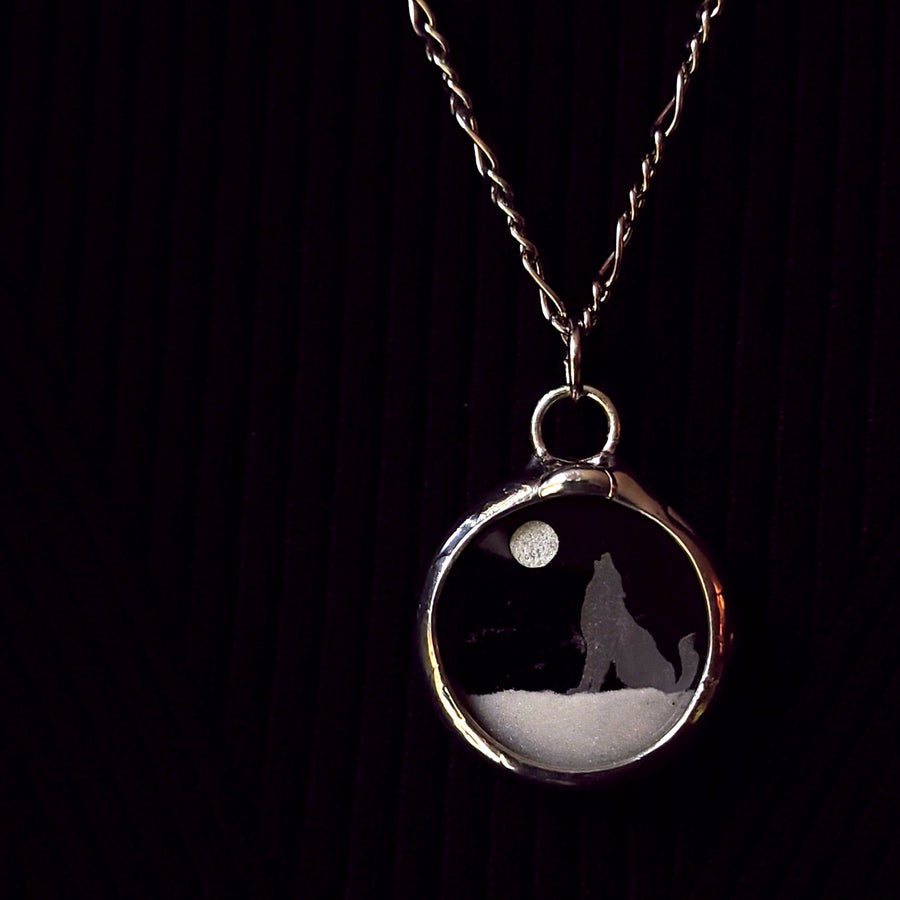 Howling Wolf Full Moon Snow Globe Pendant