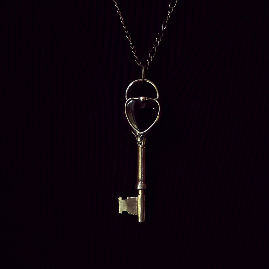 Key to my Black Heart Necklace, Antique Skeleton Key with Black Onyx Heart