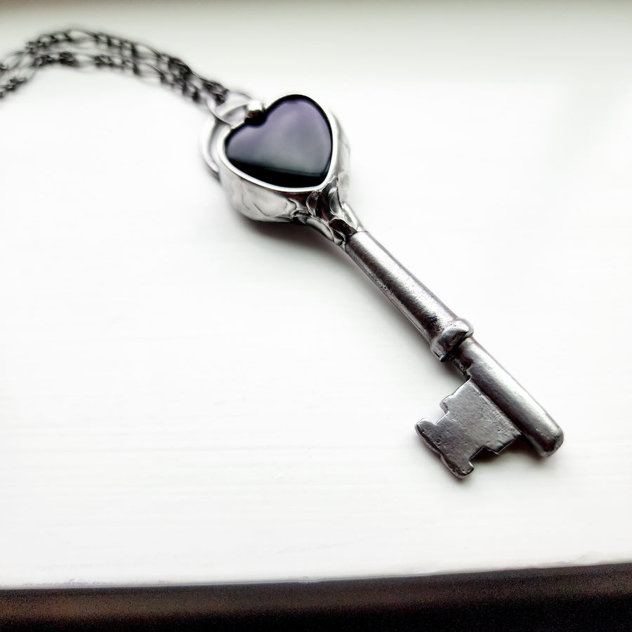 Key to my Black Heart Necklace, Antique Skeleton Key with Black Onyx Heart