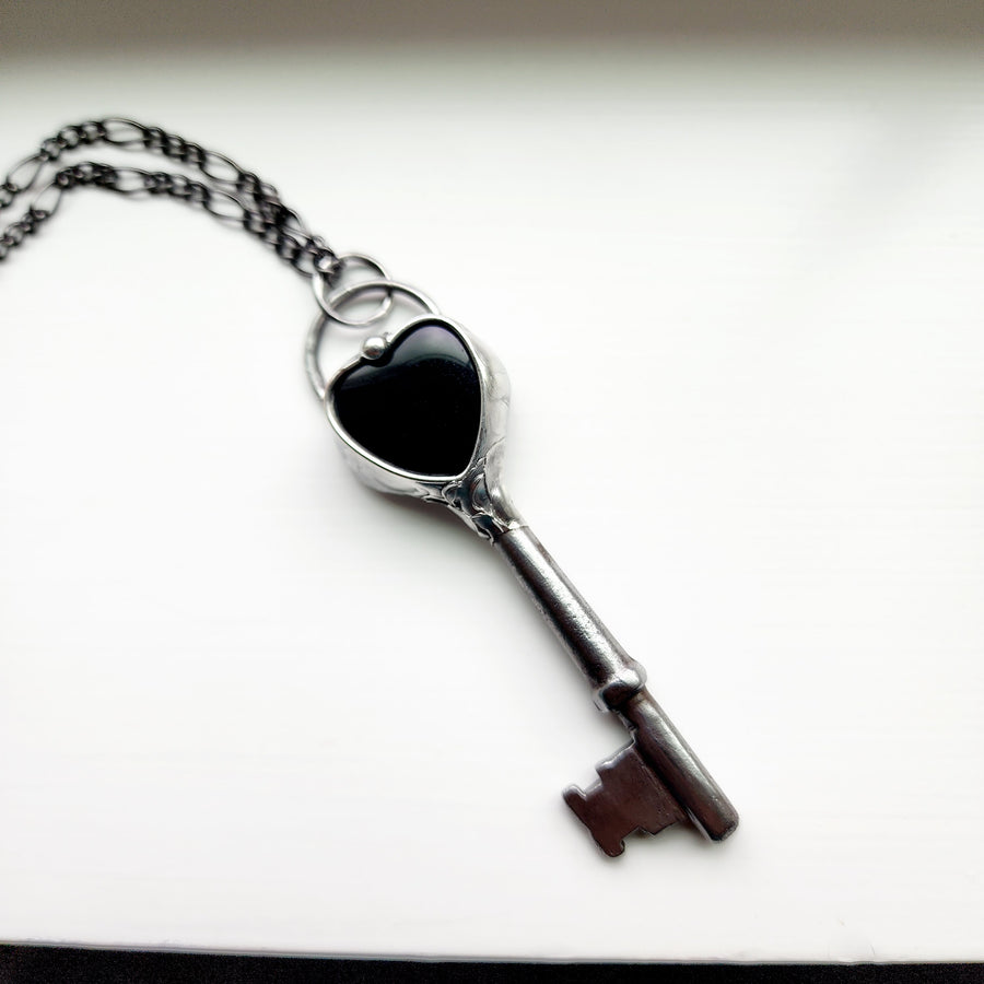 Key to my Black Heart Necklace, Antique Skeleton Key with Black Onyx Heart