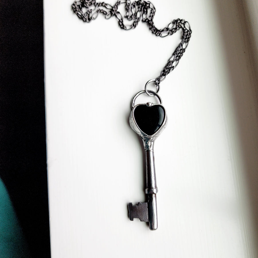 Key to my Black Heart Necklace, Antique Skeleton Key with Black Onyx Heart