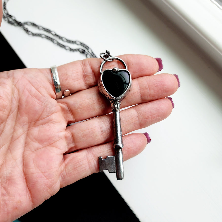 Key to my Black Heart Necklace, Antique Skeleton Key with Black Onyx Heart