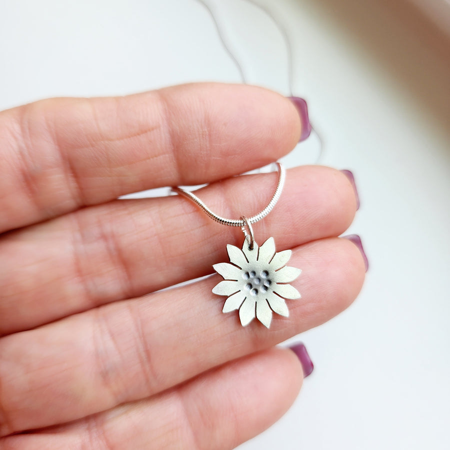 Hand Cut Sterling Silver Sunflower Necklace