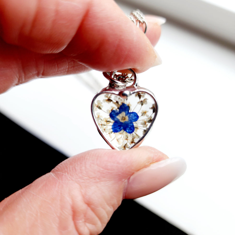 Pressed Flower Heart Necklace for Women, Queen Annes Lace and Forget Me Not