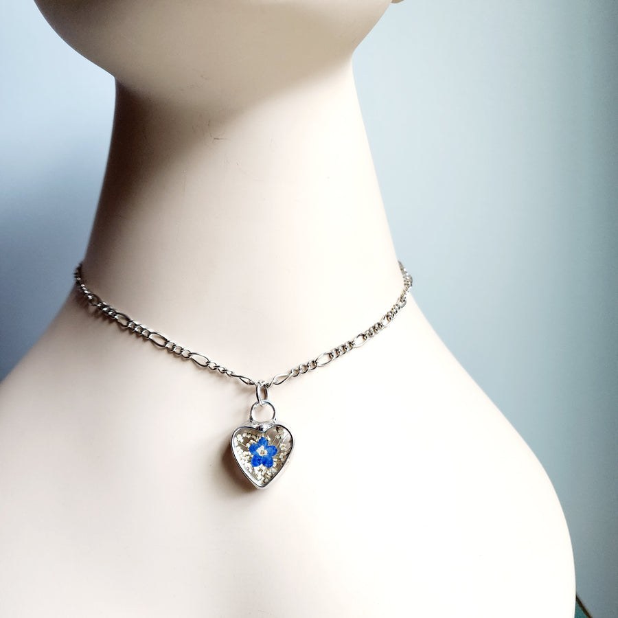 Pressed Flower Heart Necklace for Women, Queen Annes Lace and Forget Me Not