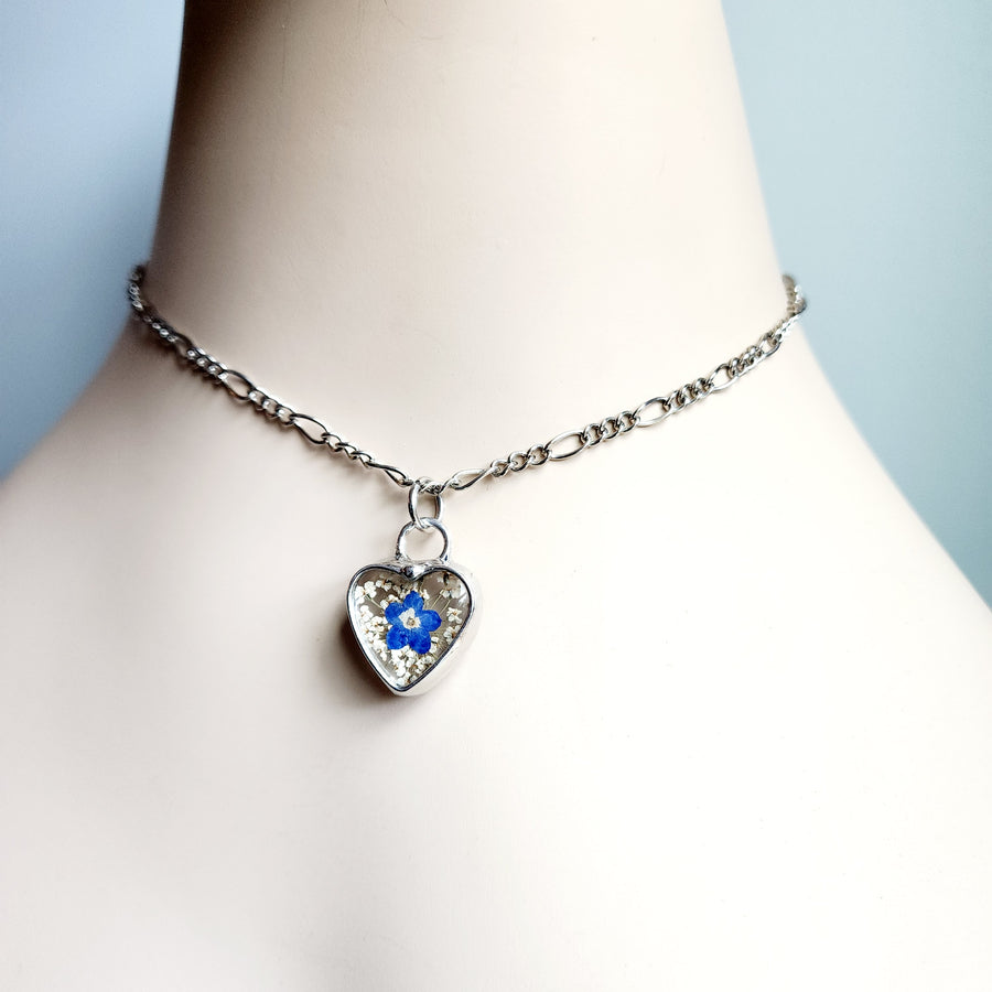 Pressed Flower Heart Necklace for Women, Queen Annes Lace and Forget Me Not