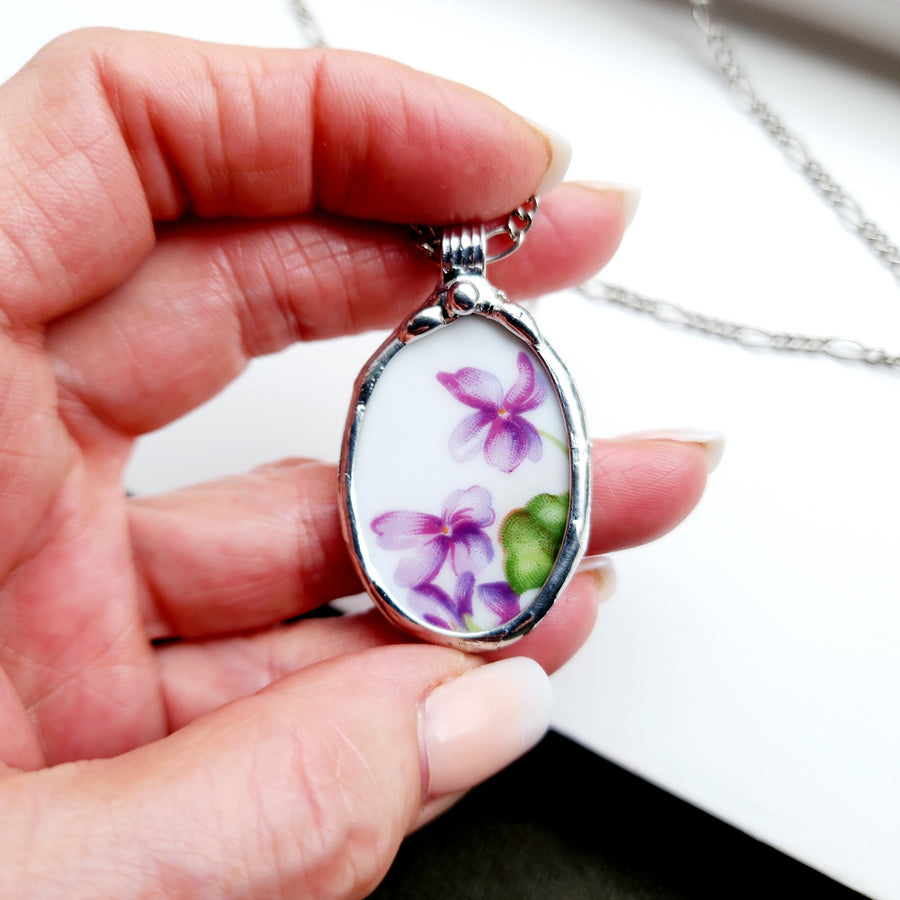 Repurposed Broken China Pendant Necklace Oval with Wild Violets