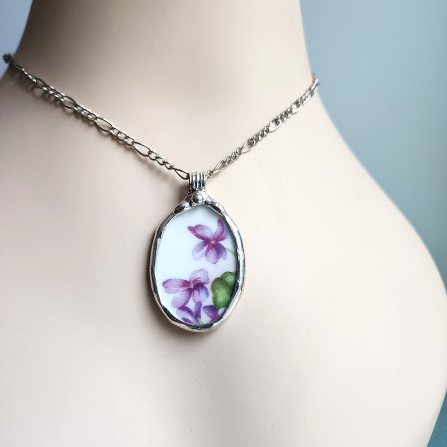 Repurposed Broken China Pendant Necklace Oval with Wild Violets